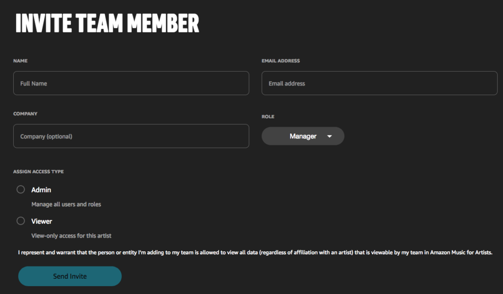 Amazon Music For Artists : 4. Paramètres de Gestion :, vue 2